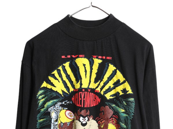 90s USA製 タズマニアンデビル × ハーレー ダビッドソン モックネック プリント 長袖 Tシャツ メンズ L オールド キャラクター バイク 黒