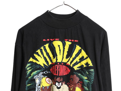 90s USA製 タズマニアンデビル × ハーレー ダビッドソン モックネック プリント 長袖 Tシャツ メンズ L オールド キャラクター バイク 黒