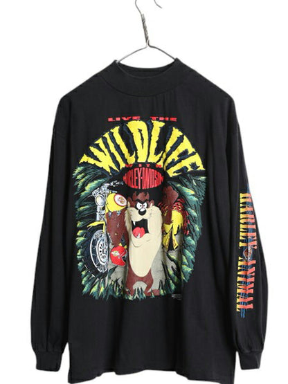 90s USA製 タズマニアンデビル × ハーレー ダビッドソン モックネック プリント 長袖 Tシャツ メンズ L オールド キャラクター バイク 黒
