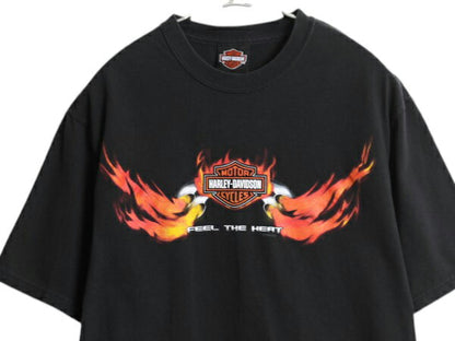 00s USA製 ハーレー ダビッドソン 両面 プリント Tシャツ メンズ M / オールド オフィシャル イラスト ファイヤー バイク スター ブラック