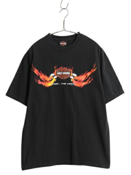 00s USA製 ハーレー ダビッドソン 両面 プリント Tシャツ メンズ M / オールド オフィシャル イラスト ファイヤー バイク スター ブラック