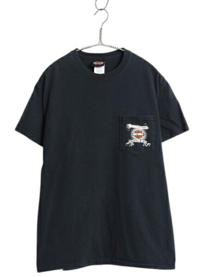 ハーレー ダビットソン ポケット付き プリント Tシャツ メンズ M / オフィシャル ポケT ヘビーウェイト バイク イラスト グラフィック 黒