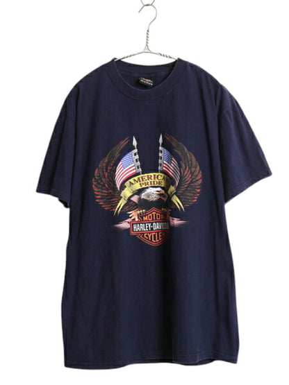 00s USA製 ハーレー ダビッドソン 両面 プリント 半袖 Tシャツ メンズ L オールド オフィシャル イーグル ファイヤー 星条旗 バイク アート