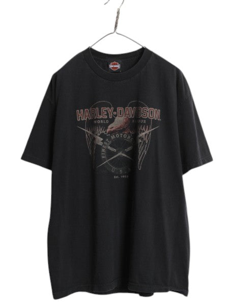 ハーレー ダビッドソン 両面 プリント 半袖 Tシャツ メンズ XL / オフィシャル イーグル イラスト バイク ヘビーウェイト 大きいサイズ 黒