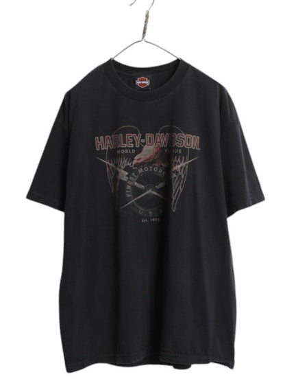 ハーレー ダビッドソン 両面 プリント 半袖 Tシャツ メンズ XL / オフィシャル イーグル イラスト バイク ヘビーウェイト 大きいサイズ 黒