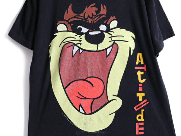 90s USA製 ■ ワーナー タズマニアンデビル プリント 半袖 Tシャツ ( メンズ レディース L ) 古着 90年代 オールド ルーニー テューンズ 黒