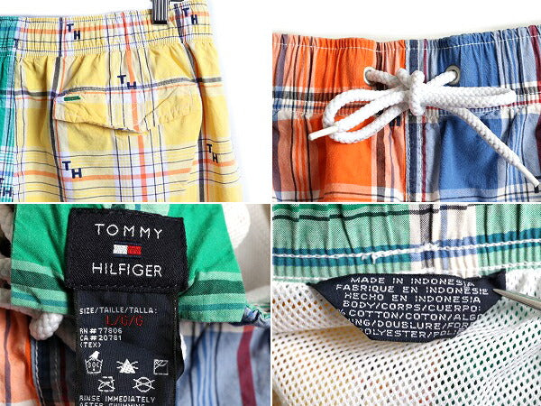 00s ■ トミーヒルフィガー クレイジー パターン チェック ショートパンツ メンズ L / TOMMY HILFIGER ショーツ 短パン 海パン スイム 総柄