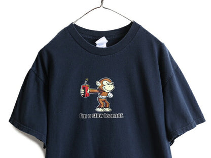 00s ■ アニマル ジョーク メッセージ プリント 半袖 Tシャツ メンズ L / 00年代 モンキー 動物 イラスト キャラクター ヘビーウェイト 紺