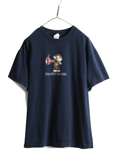 00s ■ アニマル ジョーク メッセージ プリント 半袖 Tシャツ メンズ L / 00年代 モンキー 動物 イラスト キャラクター ヘビーウェイト 紺