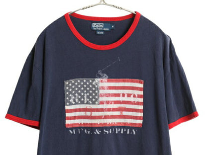 ビッグポニー ポロ ラルフローレン プリント 半袖 リンガー Tシャツ メンズ M / 星条旗 ステンシル シングルステッチ カットソー ツートン
