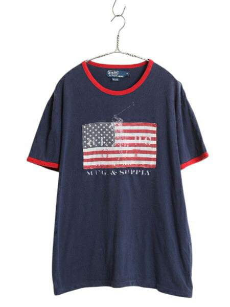 ビッグポニー ポロ ラルフローレン プリント 半袖 リンガー Tシャツ メンズ M / 星条旗 ステンシル シングルステッチ カットソー ツートン