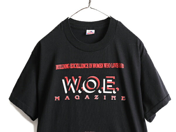 90s USA製 ■ WOE マガジン 両面 プリント 半袖 Tシャツ メンズ L / 90年代 雑誌 ジョーク メッセージ ヘビーウェイト シングルステッチ 黒