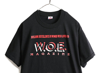 90s USA製 ■ WOE マガジン 両面 プリント 半袖 Tシャツ メンズ L / 90年代 雑誌 ジョーク メッセージ ヘビーウェイト シングルステッチ 黒