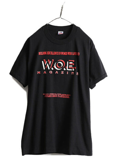 90s USA製 ■ WOE マガジン 両面 プリント 半袖 Tシャツ メンズ L / 90年代 雑誌 ジョーク メッセージ ヘビーウェイト シングルステッチ 黒