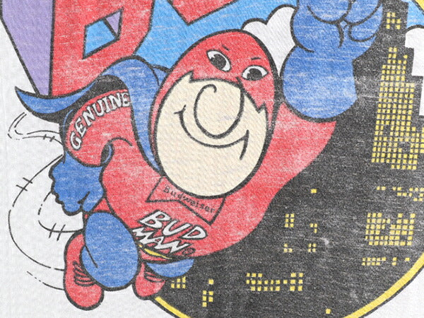 90s USA製 ■ バドワイザー BUDMAN プリント 半袖 Tシャツ ( メンズ L 小さめ M 程) 古着 90年代 キャラクター バドマン イラスト 企業 白