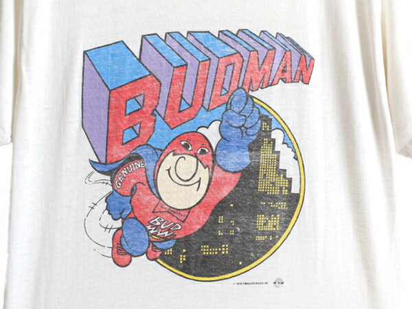 90s USA製 ■ バドワイザー BUDMAN プリント 半袖 Tシャツ ( メンズ L 小さめ M 程) 古着 90年代 キャラクター バドマン イラスト 企業 白