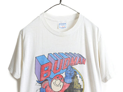 90s USA製 ■ バドワイザー BUDMAN プリント 半袖 Tシャツ ( メンズ L 小さめ M 程) 古着 90年代 キャラクター バドマン イラスト 企業 白