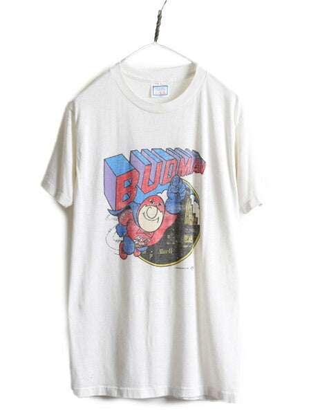90s USA製 ■ バドワイザー BUDMAN プリント 半袖 Tシャツ ( メンズ L 小さめ M 程) 古着 90年代 キャラクター バドマン イラスト 企業 白