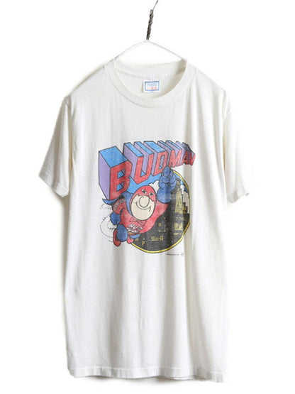 90s USA製 ■ バドワイザー BUDMAN プリント 半袖 Tシャツ ( メンズ L 小さめ M 程) 古着 90年代 キャラクター バドマン イラスト 企業 白
