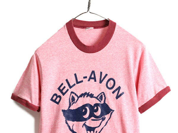 70s ■ タウンクラフト プリント 半袖 リンガー Tシャツ ( レディース S 小さめ XS 程) 70年代 ビンテージ TOWNCRAFT キャラクター 赤 杢