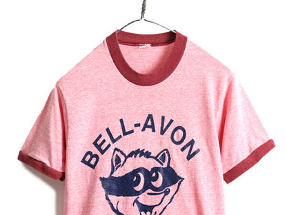70s ■ タウンクラフト プリント 半袖 リンガー Tシャツ ( レディース S 小さめ XS 程) 70年代 ビンテージ TOWNCRAFT キャラクター 赤 杢
