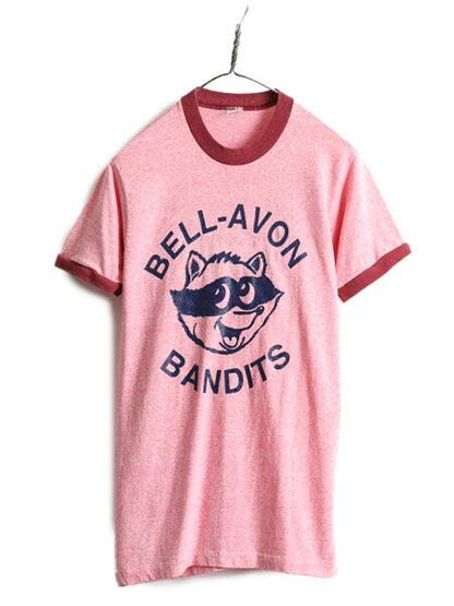 70s ■ タウンクラフト プリント 半袖 リンガー Tシャツ ( レディース S 小さめ XS 程) 70年代 ビンテージ TOWNCRAFT キャラクター 赤 杢