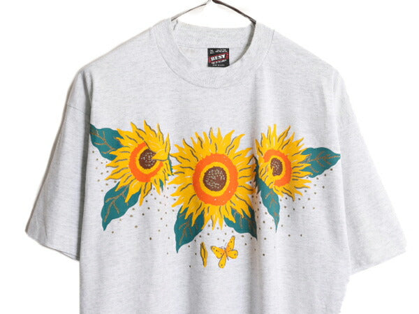 90s USA製 ひまわり アート イラスト プリント Tシャツ メンズ XL 古着 オールド 半袖Tシャツ シングルステッチ フラワー 花 大きいサイズ