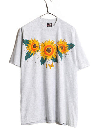 90s USA製 ひまわり アート イラスト プリント Tシャツ メンズ XL 古着 オールド 半袖Tシャツ シングルステッチ フラワー 花 大きいサイズ
