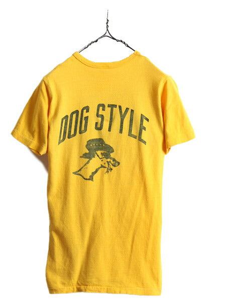 70s ビンテージ ■ アニマル ドッグ 染み込み バック プリント 半袖 Tシャツ メンズ XS 程/ 70年代 犬 キャラクター イラスト 黄色 当時物
