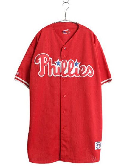 フィリーズ ベースボール シャツ メンズ XXL 程/ MLB オフィシャル マジェスティック 大リーグ ユニフォーム ゲームシャツ 大きいサイズ 赤