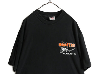 90s 大きいサイズ XXL ■ HOOTERS 両面 プリント 半袖 Tシャツ ( メンズ 2XL ) 90年代 黒 企業 イラスト キャラクター フーターズ ハーレー