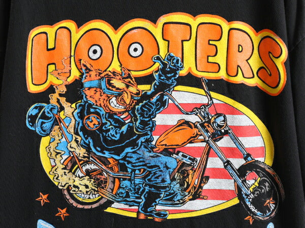 90s 大きいサイズ XXL ■ HOOTERS 両面 プリント 半袖 Tシャツ ( メンズ 2XL ) 90年代 黒 企業 イラスト キャラクター フーターズ ハーレー
