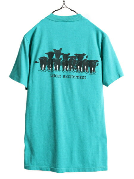 80s USA製 ■ アニマル 牛 両面 プリント 半袖 Tシャツ ( メンズ M 小さめ S 程) 80年代 動物 アート イラスト シングルステッチ グリーン