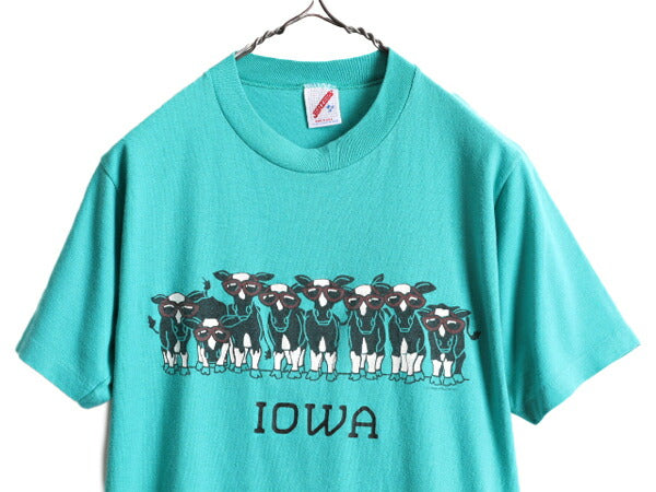 80s USA製 ■ アニマル 牛 両面 プリント 半袖 Tシャツ ( メンズ M 小さめ S 程) 80年代 動物 アート イラスト シングルステッチ グリーン