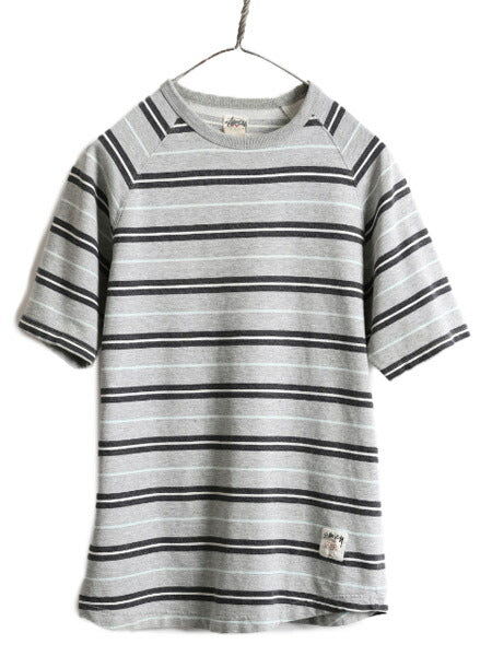 ■ STUSSY ボーダー 半袖 スウェット トレーナー ( メンズ M 小さめ S 程) 古着 ステューシー Tシャツ ラグラン ヘビーウェイト 起毛なし