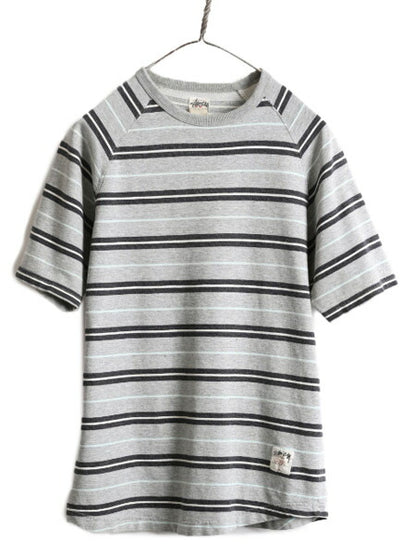 ■ STUSSY ボーダー 半袖 スウェット トレーナー ( メンズ M 小さめ S 程) 古着 ステューシー Tシャツ ラグラン ヘビーウェイト 起毛なし