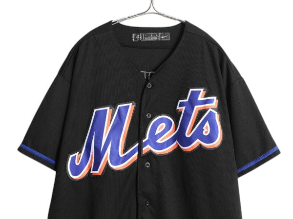 メッツ ベースボール シャツ メンズ L 古着 MLB オフィシャル ナイキ 大リーグ ユニフォーム ゲームシャツ ジャージ 半袖シャツ 重ね着 黒