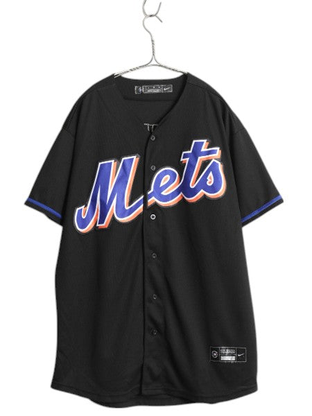 メッツ ベースボール シャツ メンズ L 古着 MLB オフィシャル ナイキ 大リーグ ユニフォーム ゲームシャツ ジャージ 半袖シャツ 重ね着 黒