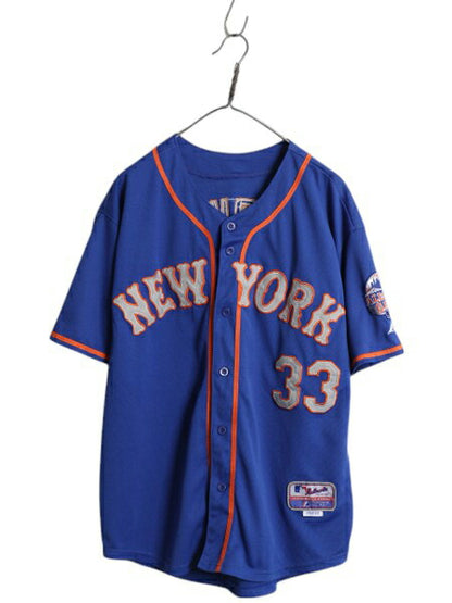 メッツ ベースボール シャツ メンズ XL 程/ 古着 MLB オフィシャル マジェスティック 大リーグ ユニフォーム ゲームシャツ 重ね着 ジャージ