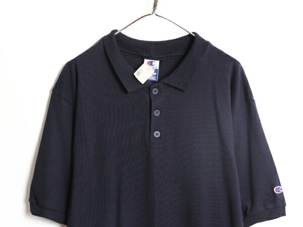 デッドストック 90s チャンピオン 半袖 ポロシャツ メンズ L 新品 90年代 オールド Champion 半袖シャツ ワンポイント シンプル 目付き 紺