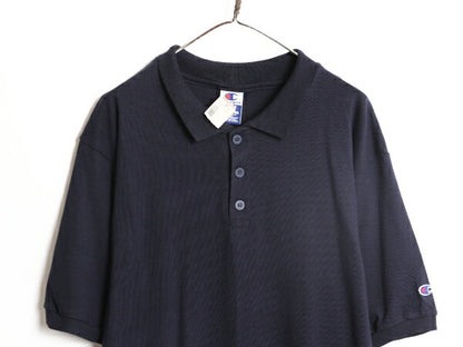 デッドストック 90s チャンピオン 半袖 ポロシャツ メンズ L 新品 90年代 オールド Champion 半袖シャツ ワンポイント シンプル 目付き 紺