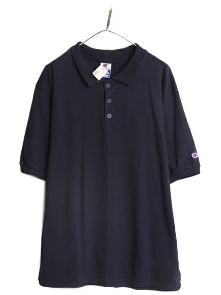 デッドストック 90s チャンピオン 半袖 ポロシャツ メンズ L 新品 90年代 オールド Champion 半袖シャツ ワンポイント シンプル 目付き 紺