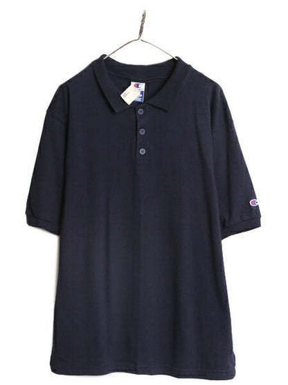 デッドストック 90s チャンピオン 半袖 ポロシャツ メンズ L 新品 90年代 オールド Champion 半袖シャツ ワンポイント シンプル 目付き 紺