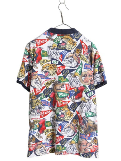 ポロ ラルフローレン 総柄 鹿の子 ポロシャツ メンズ XL / 半袖シャツ カレッジ ペナント キャラクター マスコット イラスト 大きいサイズ