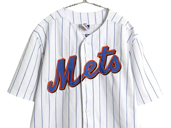 メッツ ベースボール シャツ メンズ S 程 古着 MLB オフィシャル マジェスティック 大リーグ ユニフォーム ゲームシャツ 重ね着 半袖シャツ