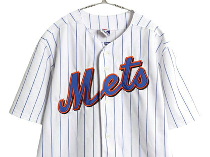 メッツ ベースボール シャツ メンズ S 程 古着 MLB オフィシャル マジェスティック 大リーグ ユニフォーム ゲームシャツ 重ね着 半袖シャツ