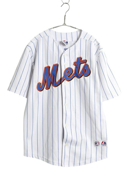 メッツ ベースボール シャツ メンズ S 程 古着 MLB オフィシャル マジェスティック 大リーグ ユニフォーム ゲームシャツ 重ね着 半袖シャツ