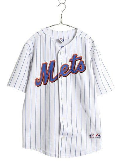 メッツ ベースボール シャツ メンズ S 程 古着 MLB オフィシャル マジェスティック 大リーグ ユニフォーム ゲームシャツ 重ね着 半袖シャツ