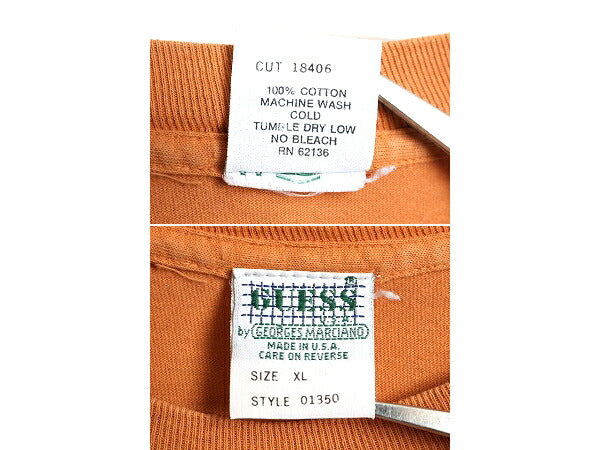 90s USA製 大きいサイズ XL ■ ゲス マルシアーノ プリント 半袖 Tシャツ ( メンズ ) 古着 GUESS MARCIANO 90年代 オールド ロゴT オレンジ