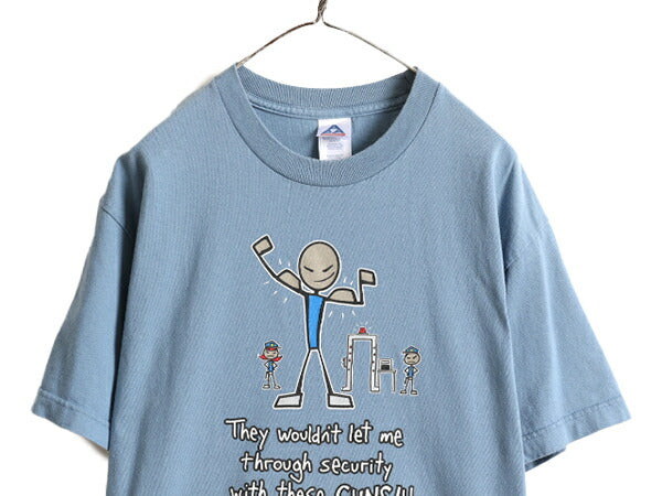 00s ■ イラスト プリント 半袖 Tシャツ ( メンズ L ) 古着 00年代 オールド 当時物 キャラクター メッセージ プリントT ヘビーウェイト 青